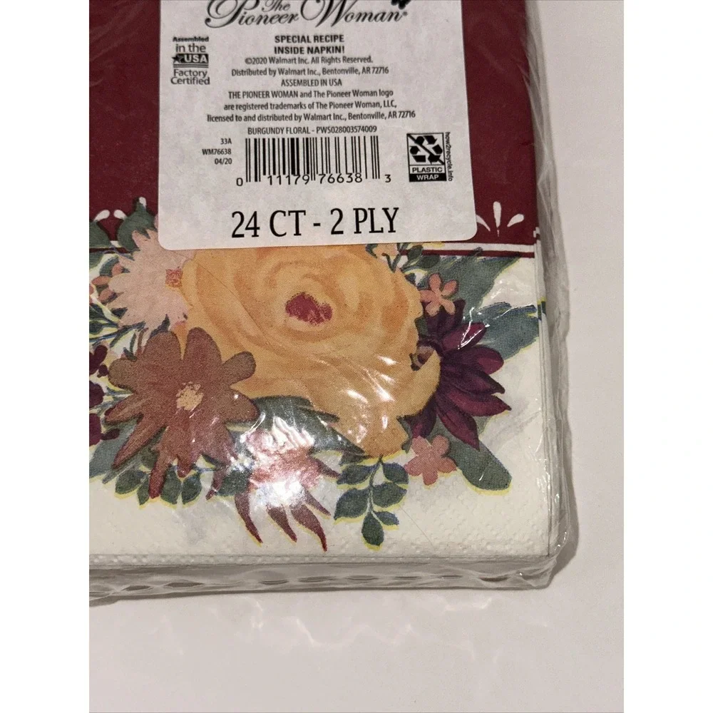 Pioneer Woman Burgundy Floral Paper Napkins 24 Count 2 Ply Recipe Inside PW76638